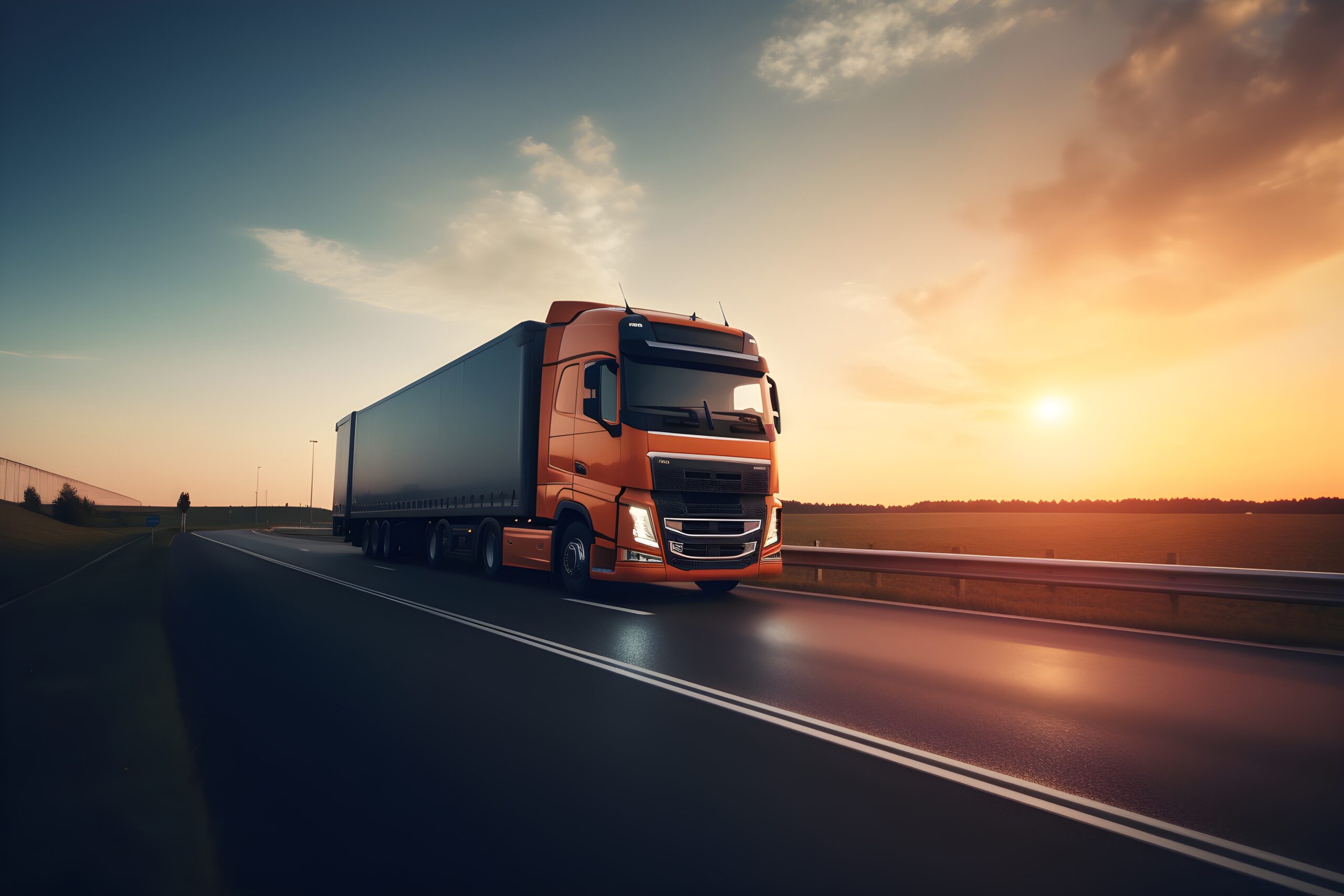 Truck on the highway at sunset